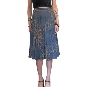 Blue Vintage Wool blend Pleated Midi Skirt with Subtle Pattern Detail